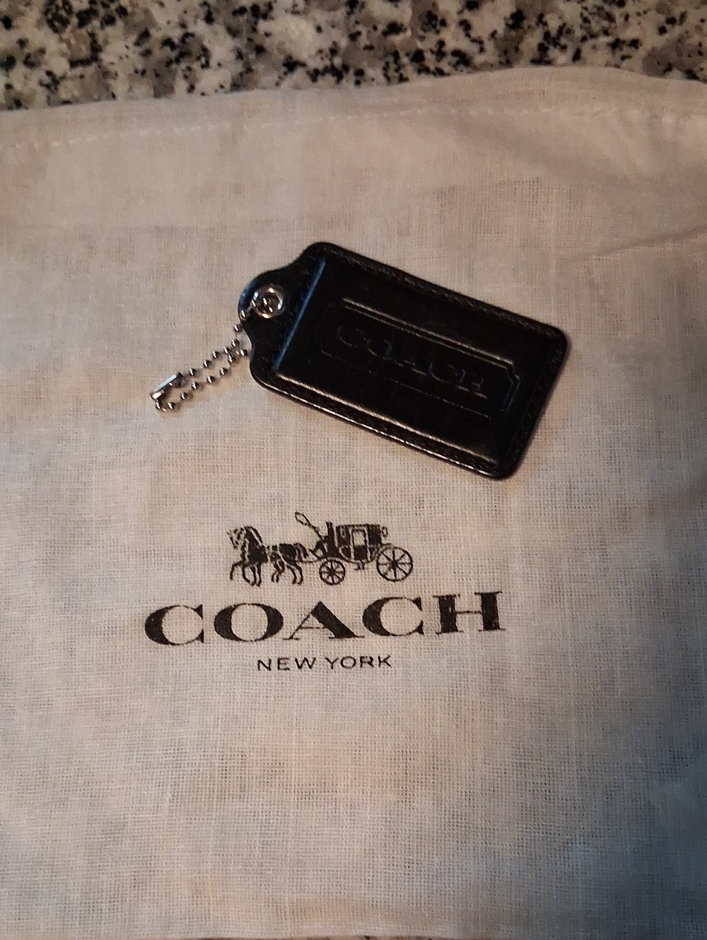 Coach 3' Inch, Black Leather Tag Keychain with Silver Chain With Coach Dust Bag